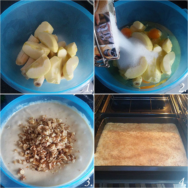 Coca de manzana, plátano y nueces