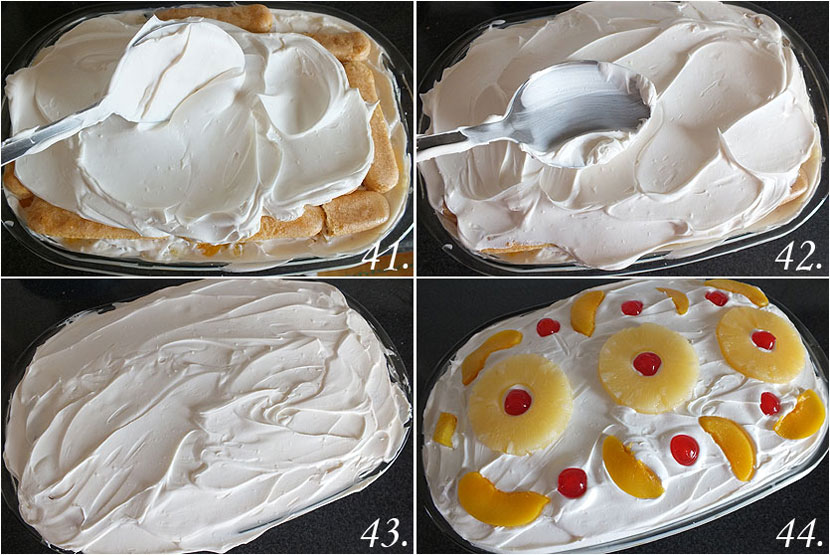 Postre de nata, piña y melocotón