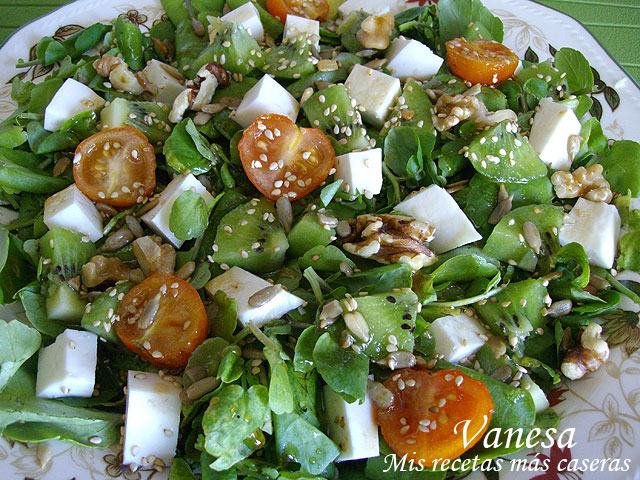 Ensalada de berros con queso blanco y kiwi