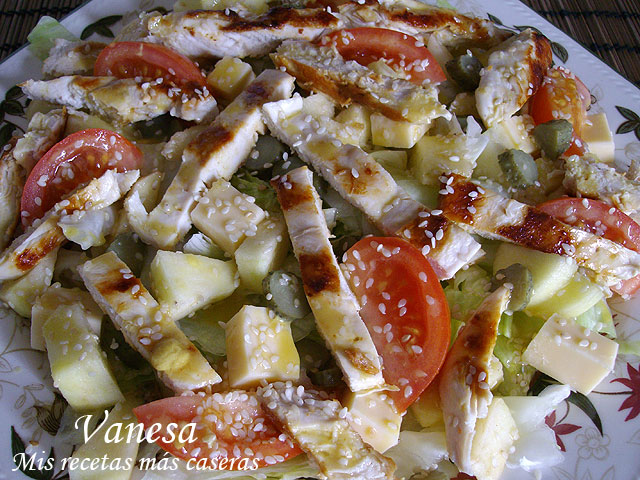 Ensalada de pollo con manzana, queso gouda, tomate y pepinillos