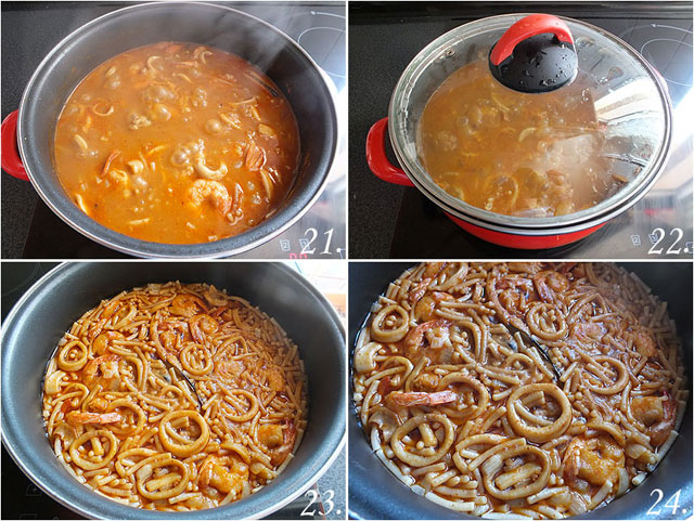 Fideuá de calamares, gambas y mejillones