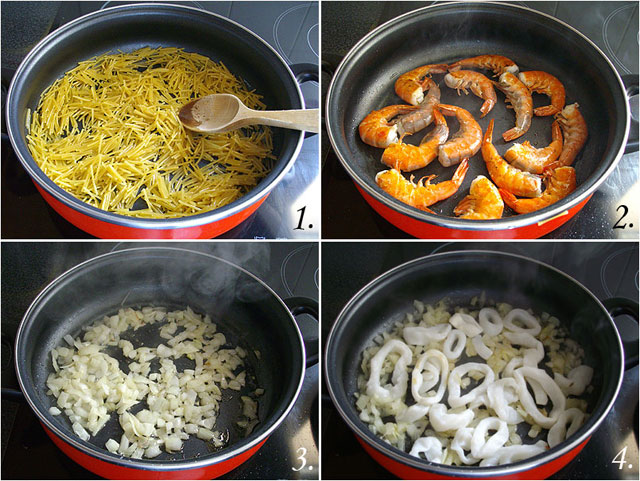 Fideuá de calamares y gambas